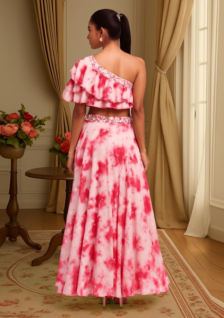 Pink Printed Georgette Lehenga Set