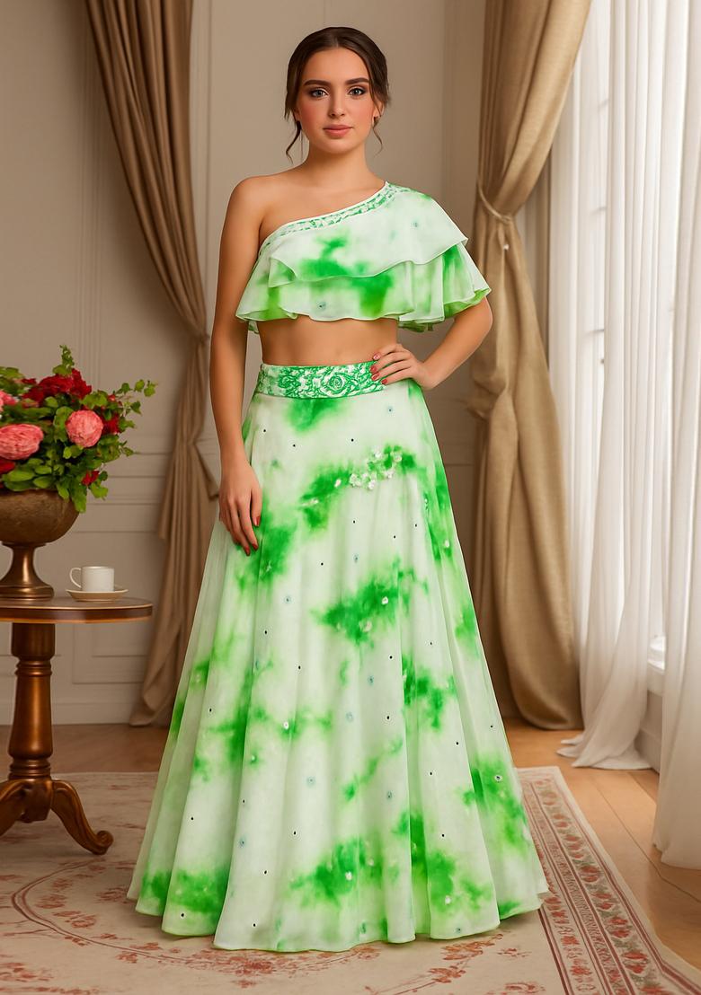 Green Printed Georgette Fusion Set - Indya