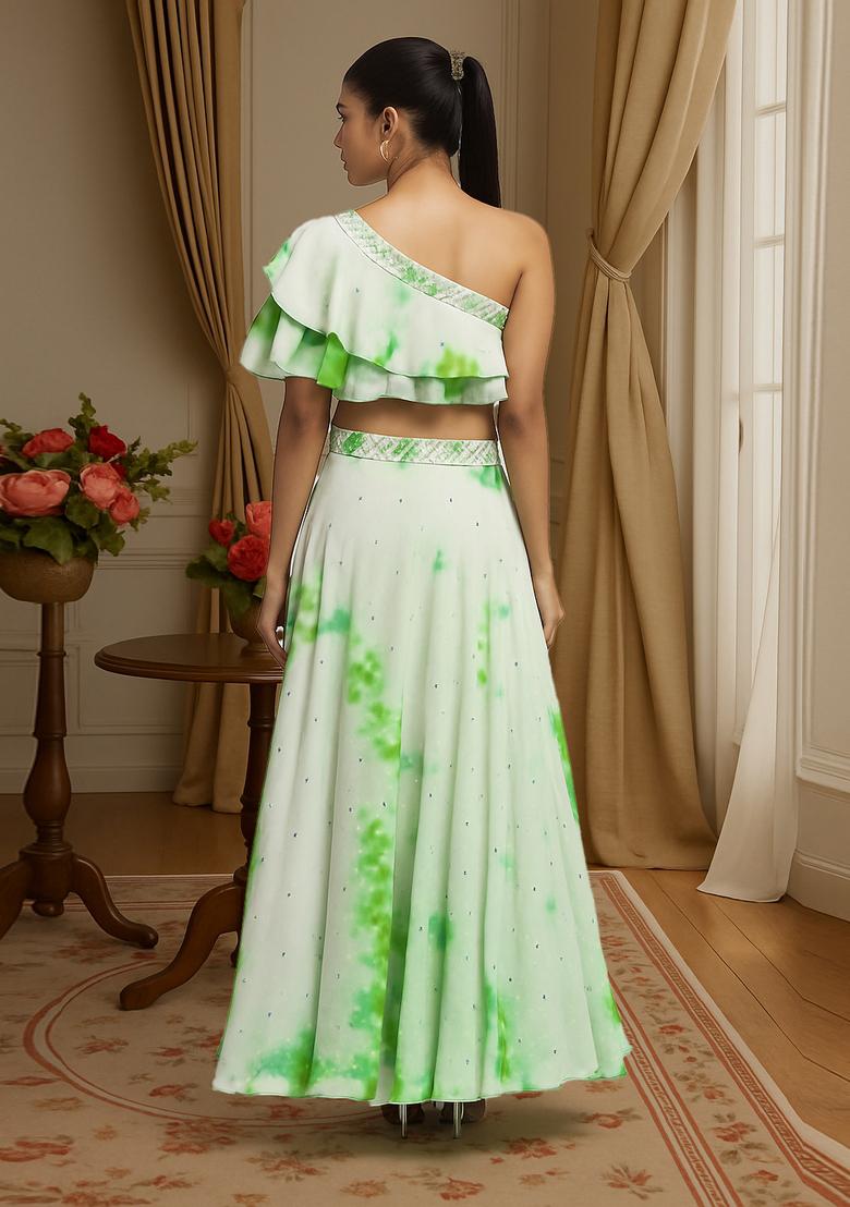 Green Printed Georgette Lehenga Set