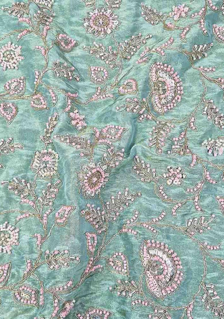 Sea Green Zari Embroidered Tissue Fusion Set - Indya