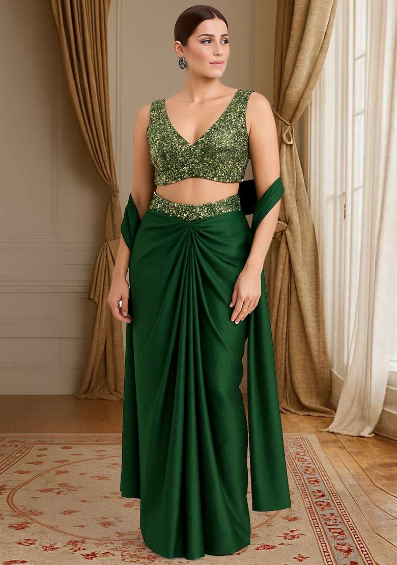 Green Sequin Georgette Fusion Set - Indya