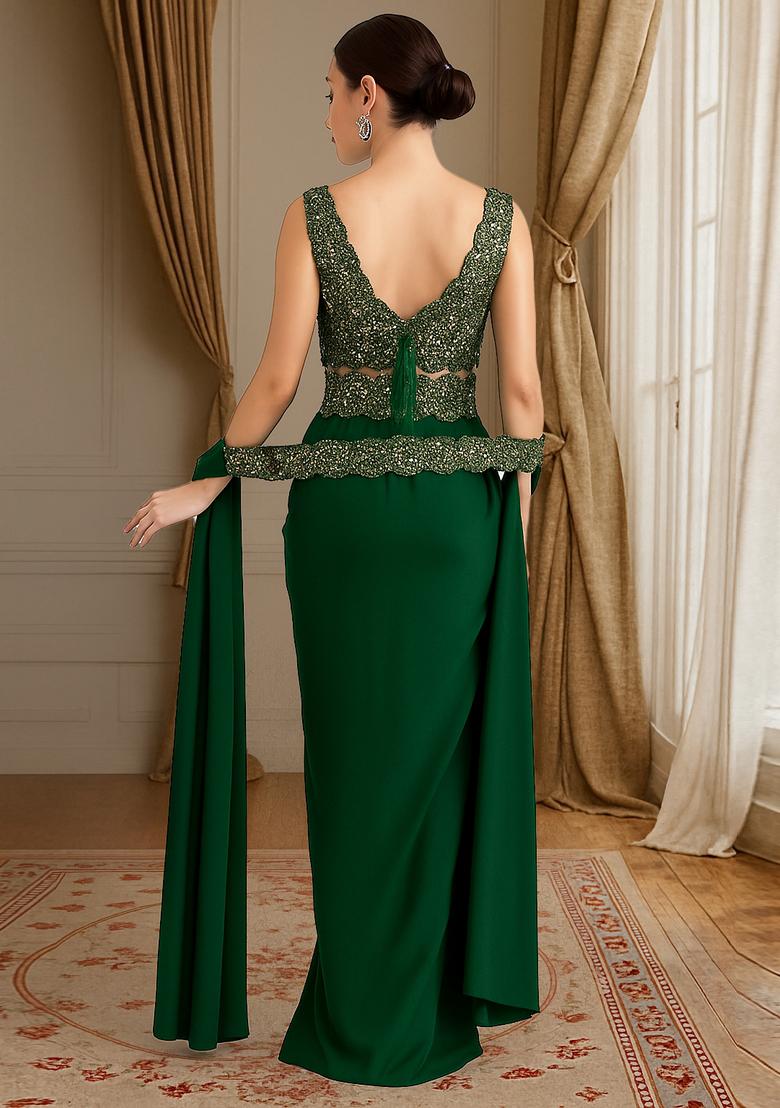 Green Sequin Georgette Fusion Set - Indya