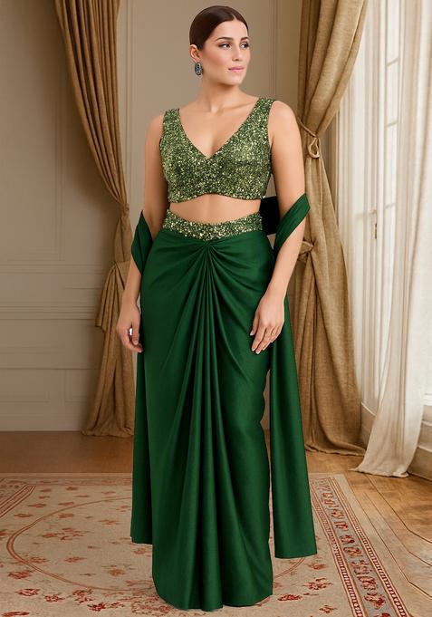 Green Sequin Georgette Fusion Set