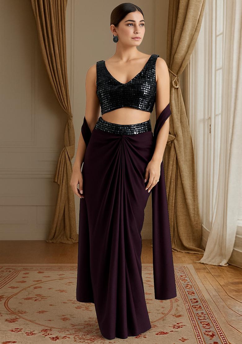 Black Embellished Georgette Fusion Set - Indya