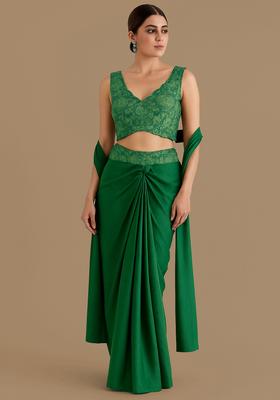 Green Jacquard Banarasi Silk Fusion Set
