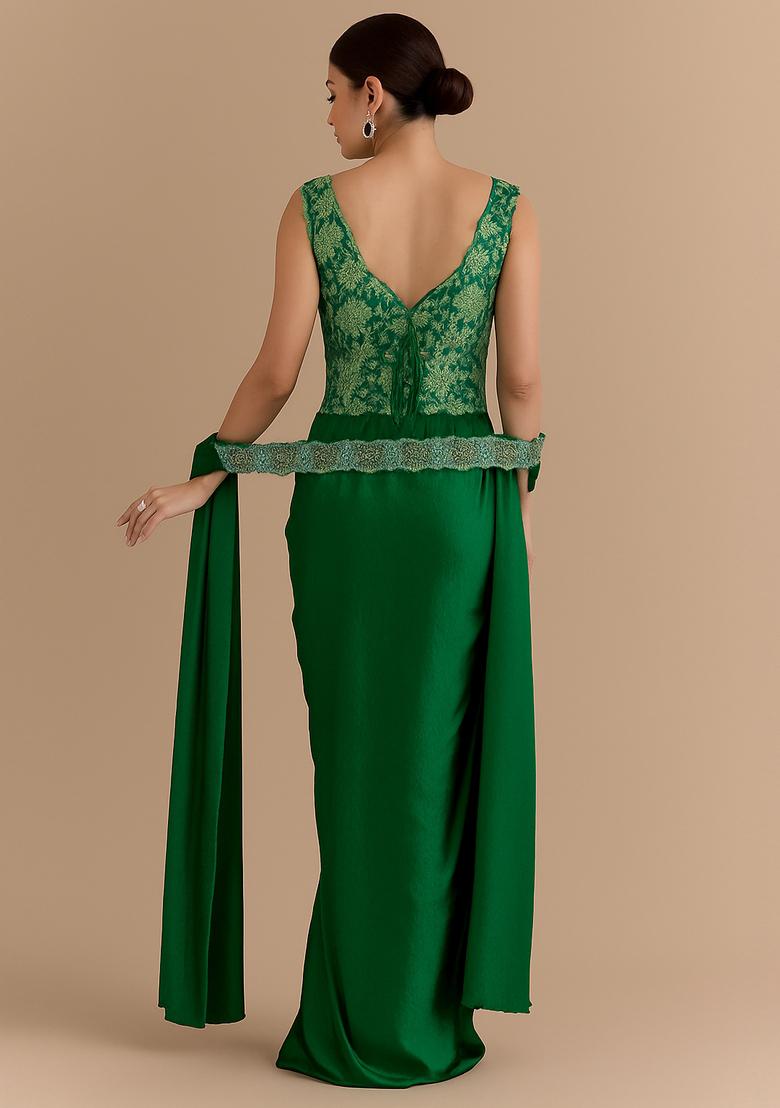 Green Jacquard Banarasi Silk Fusion Set - Indya