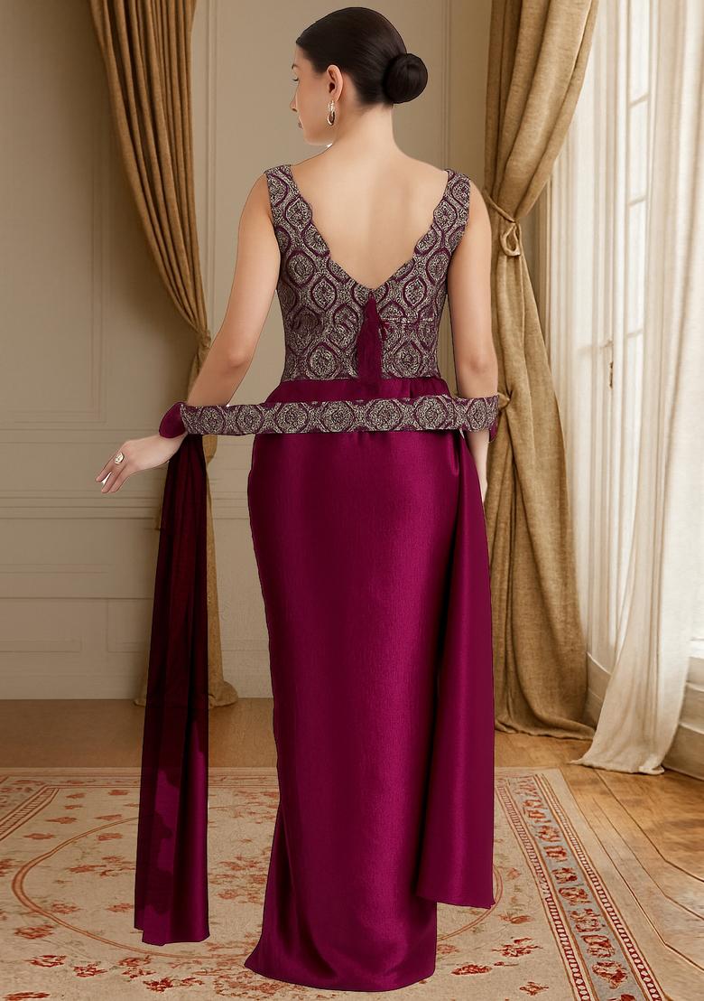 Maroon Embroidered Blouse Velvet Fusion Set - Indya