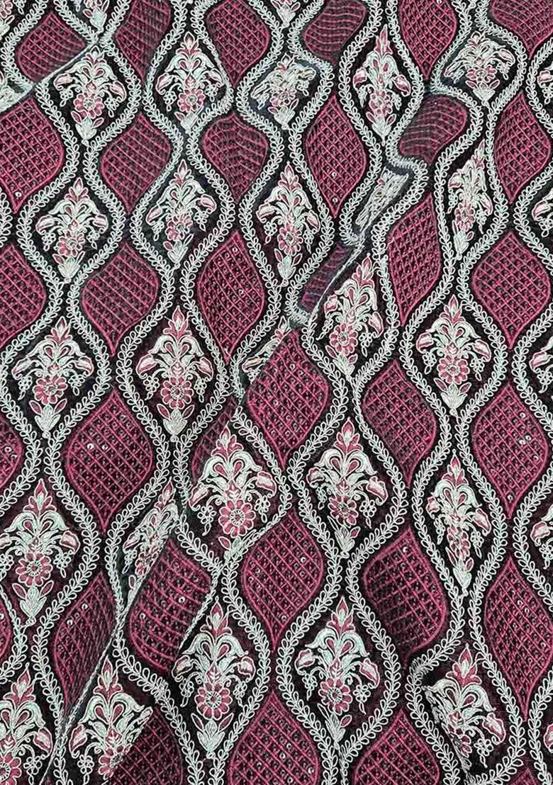 Maroon Embroidered Blouse Velvet Fusion Set - Indya