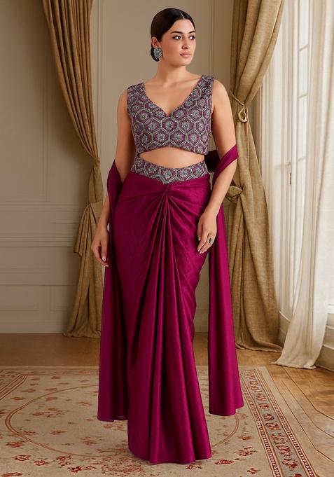 Maroon Embroidered Blouse Velvet Fusion Set