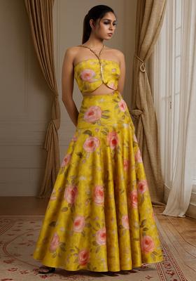 Yellow Printed Satin Fusion Set