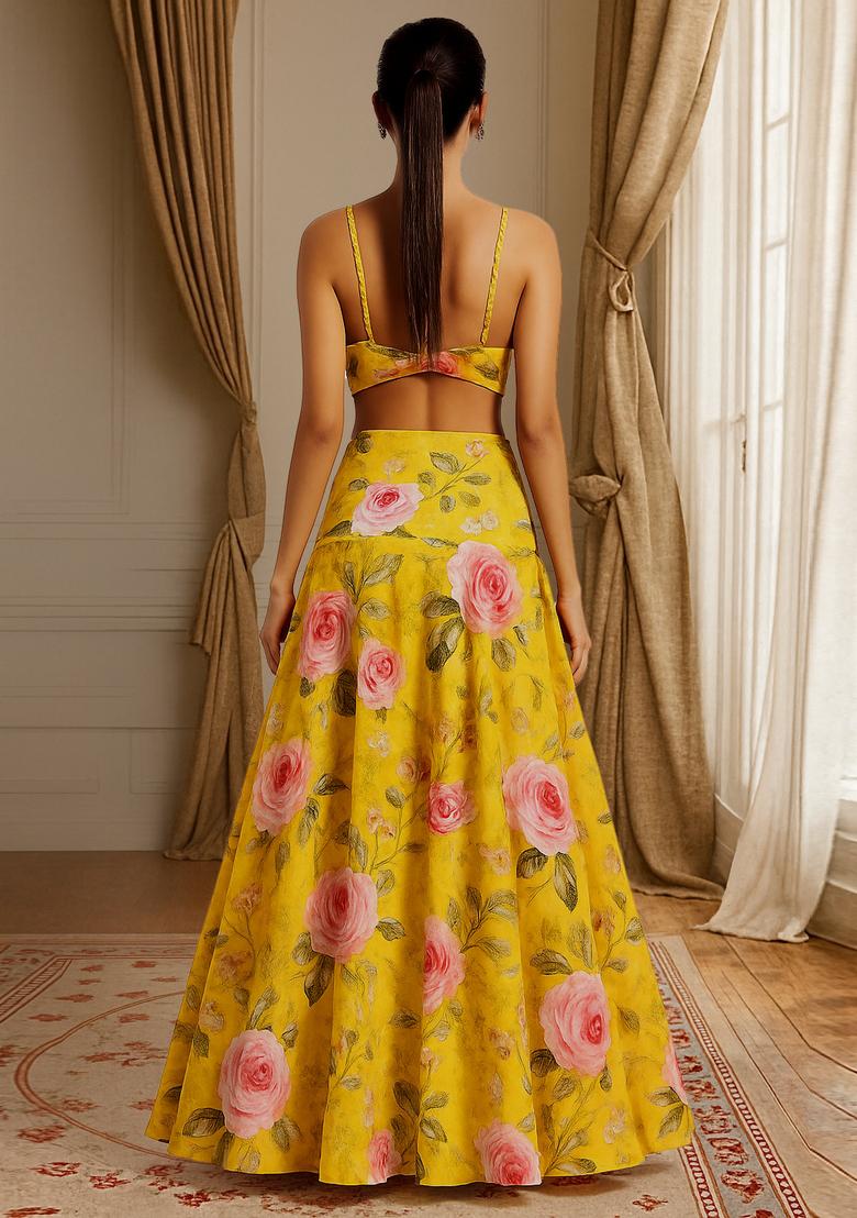 Yellow Printed Satin Fusion Set - Indya