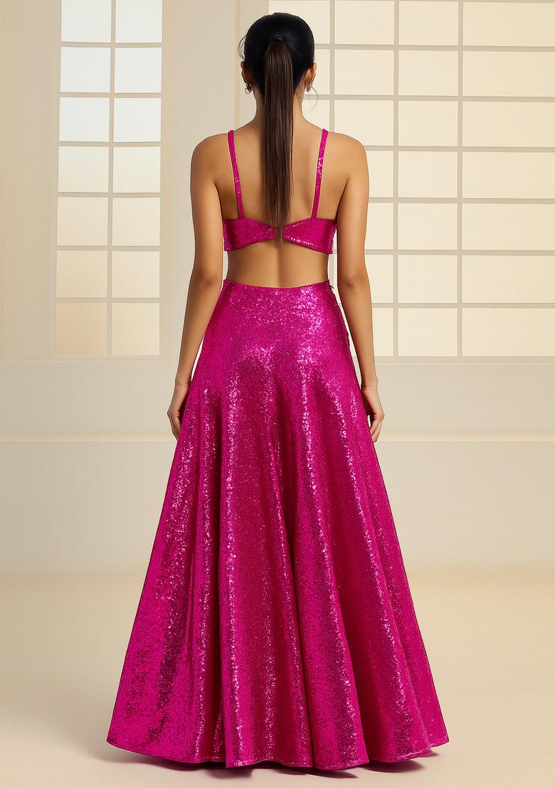 Hot Pink Sequin Embroidered Georgette Fusion Set - Indya