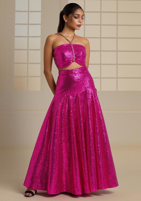 Hot Pink Sequin Embroidered Georgette Fusion Set