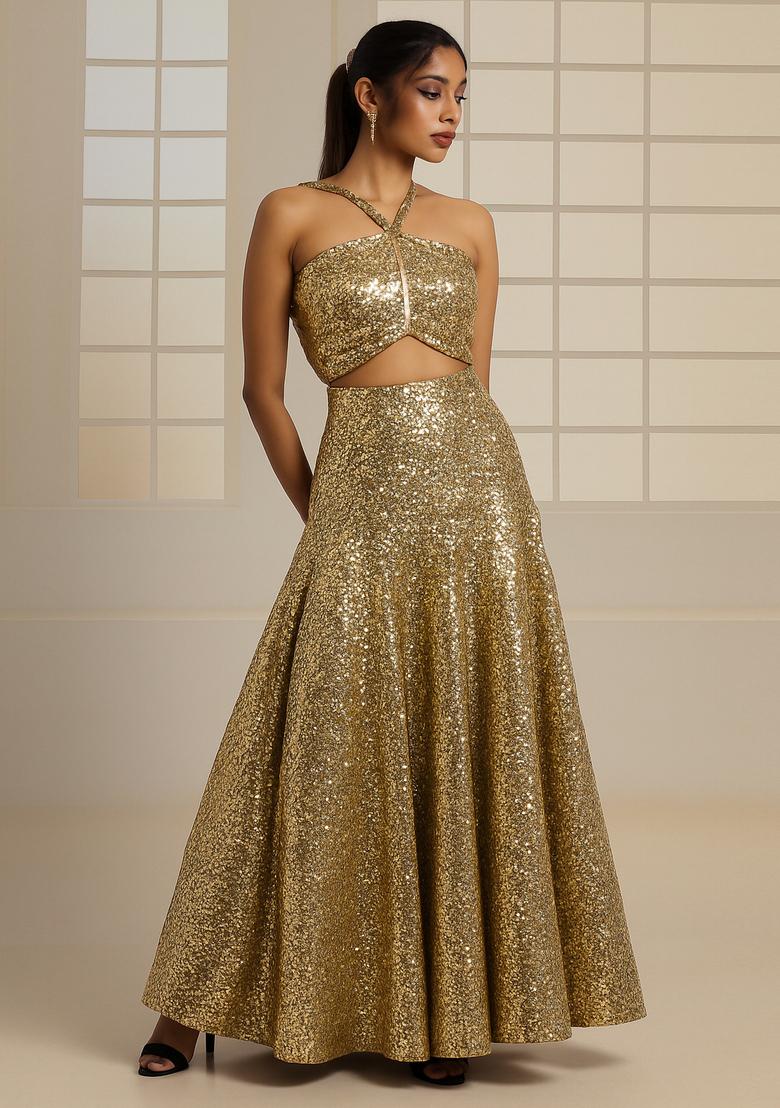 Rose Gold Sequin Embroidered Georgette Fusion Set - Indya