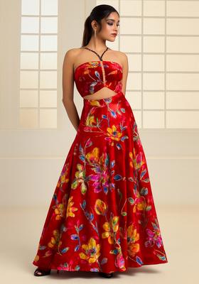 Red Printed Organza Fusion Set