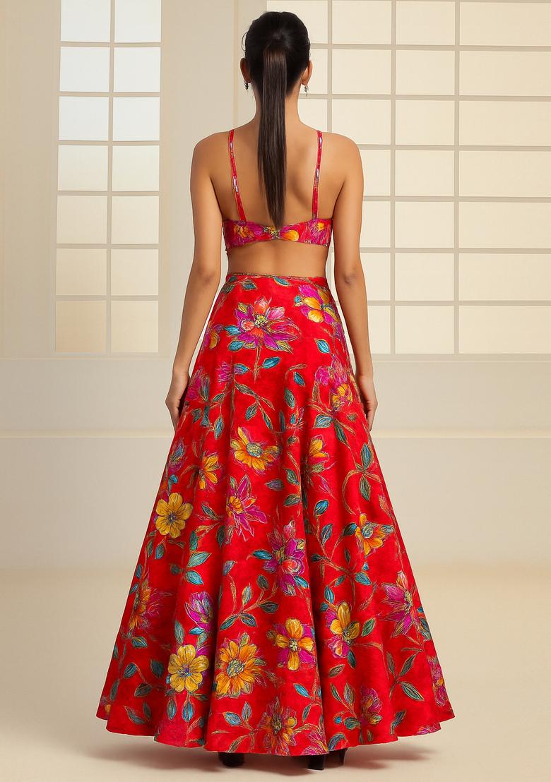 Red Printed Organza Fusion Set - Indya