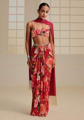 Red Printed Satin Fusion Set
