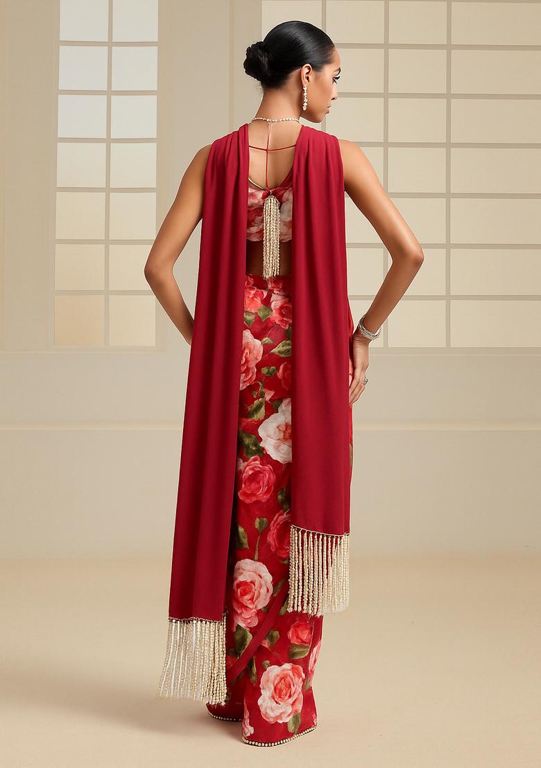 Red Printed Satin Fusion Set - Indya