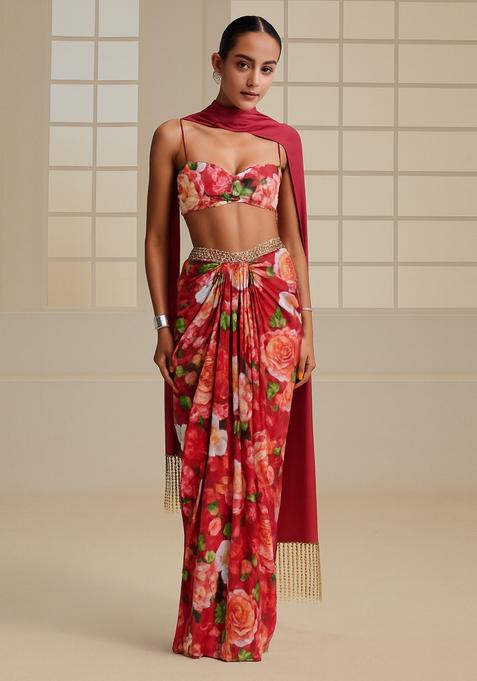 Red Printed Satin Fusion Set