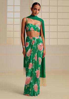 Green Printed Satin Fusion Set