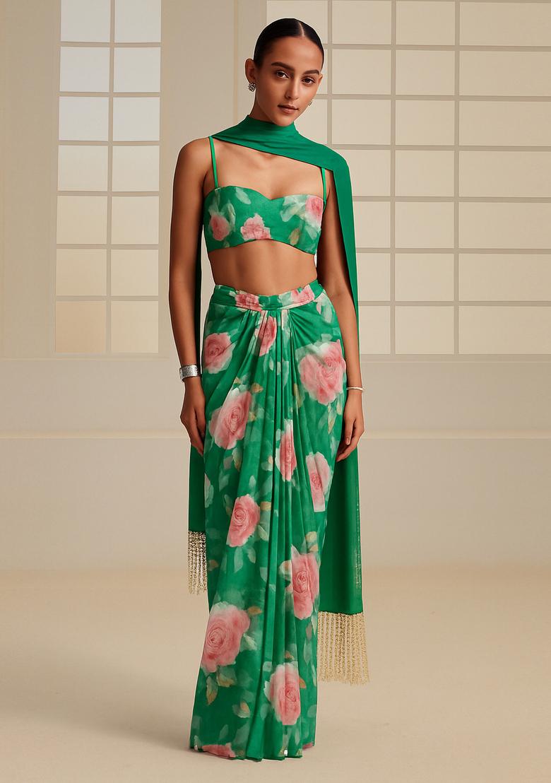 Green Printed Satin Fusion Set