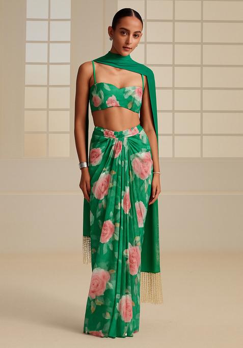 Green Printed Satin Fusion Set