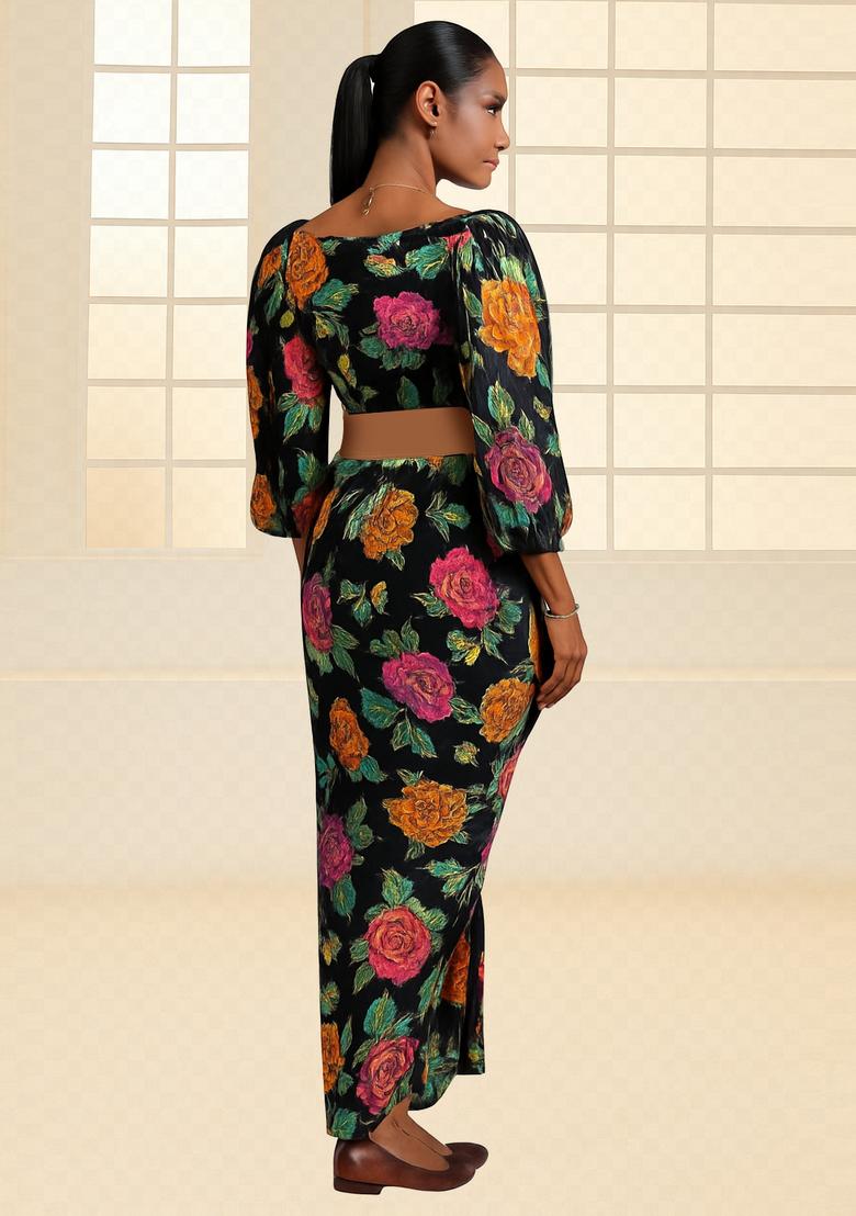 Black Sequin Embroidered Crepe Fusion Set - Indya