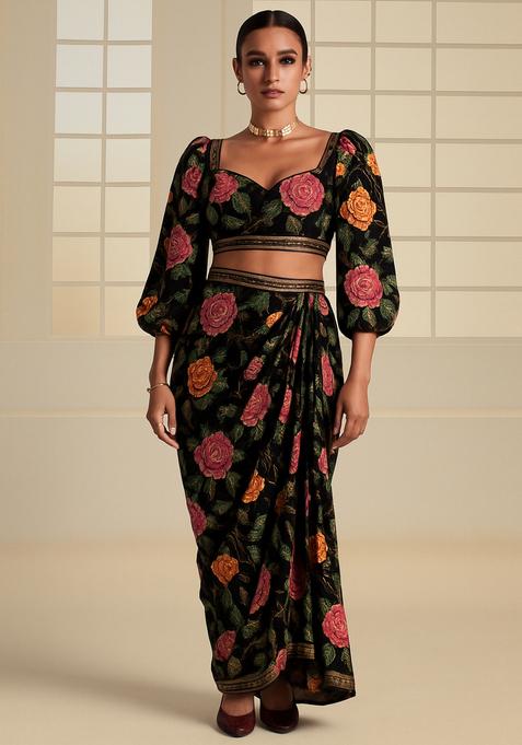 Black Sequin Embroidered Crepe Fusion Set