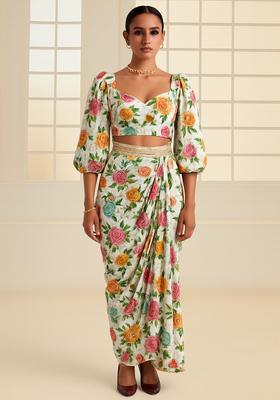 White Sequin Embroidered Crepe Fusion Set