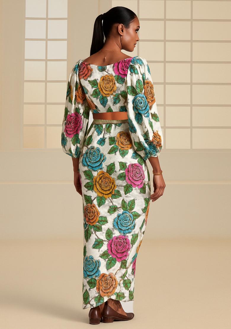 White Sequin Embroidered Crepe Fusion Set - Indya