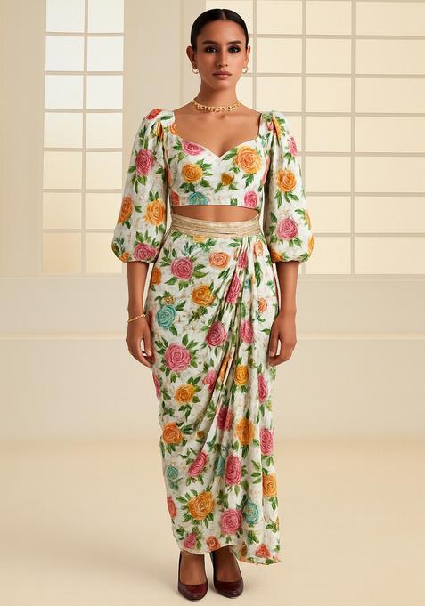 White Sequin Embroidered Crepe Fusion Set