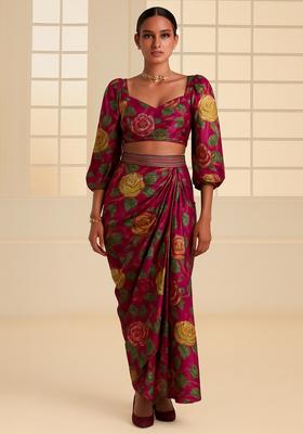 Pink Sequin Embroidered Crepe Fusion Set