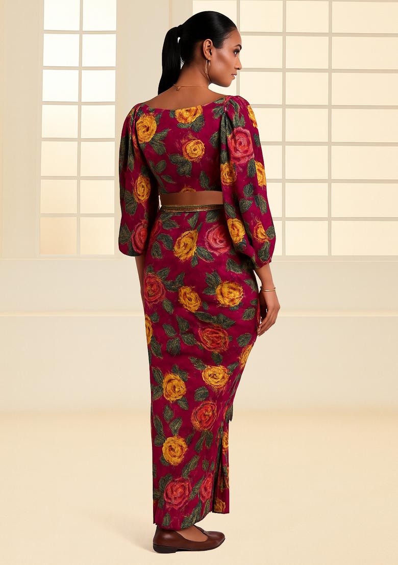 Pink Sequin Embroidered Crepe Fusion Set - Indya