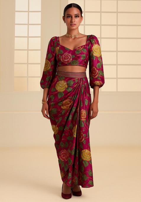 Pink Sequin Embroidered Crepe Fusion Set