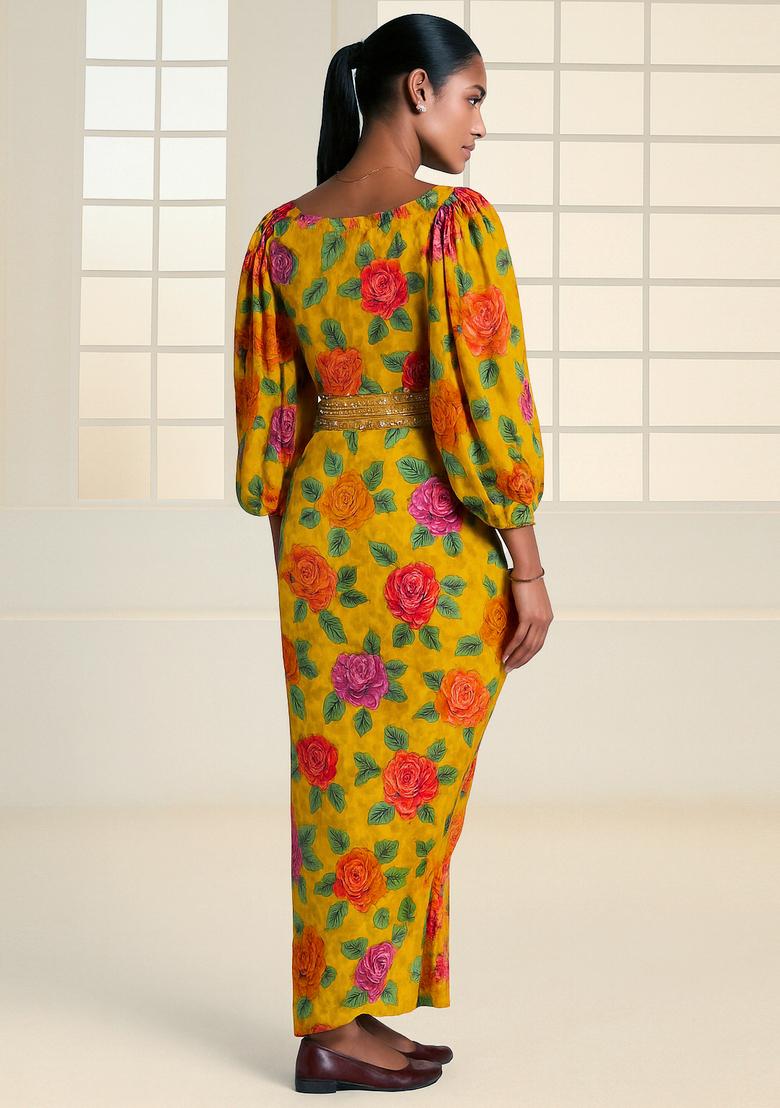 Yellow Sequin Embroidered Crepe Fusion Set - Indya
