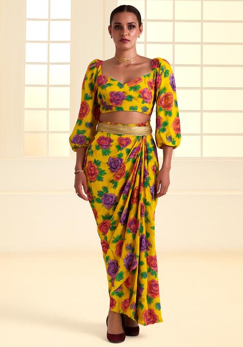 Yellow Sequin Embroidered Crepe Fusion Set