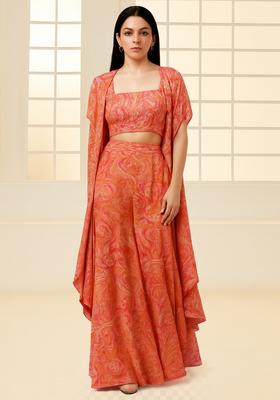 Peach Printed Crepe Fusion Set