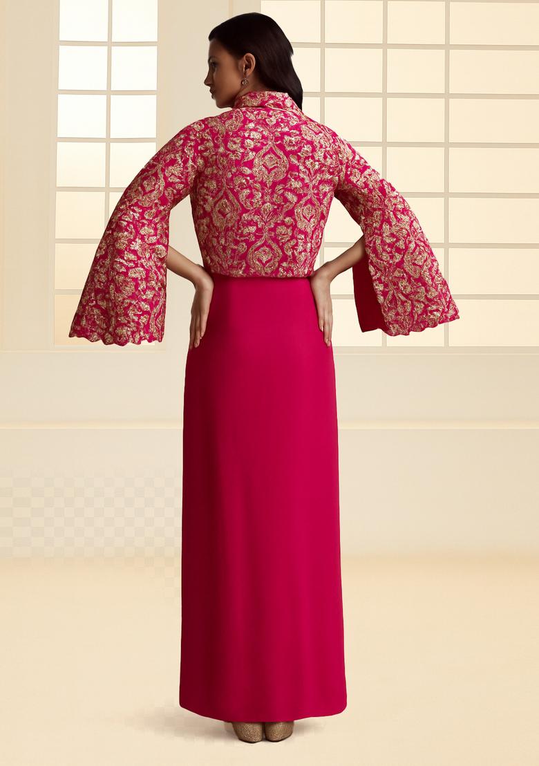 Pink Jacquard Jacket Brocade Fusion Set - Indya