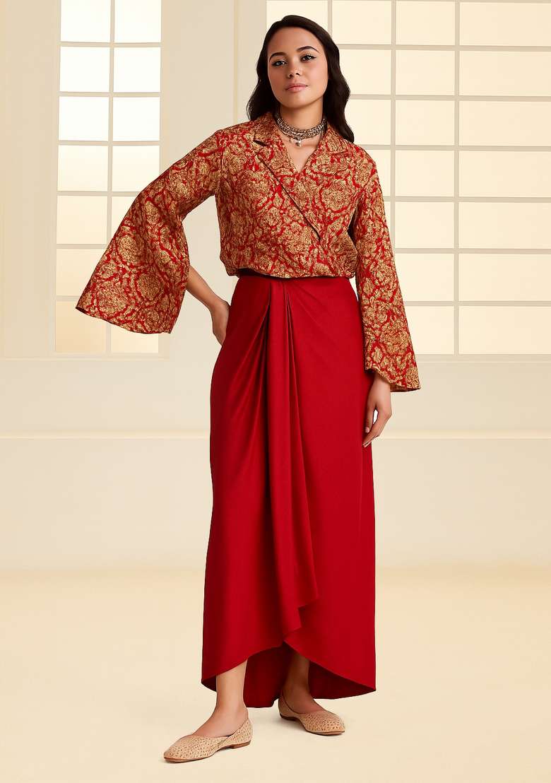 Red Jacquard Jacket Brocade Fusion Set - Indya