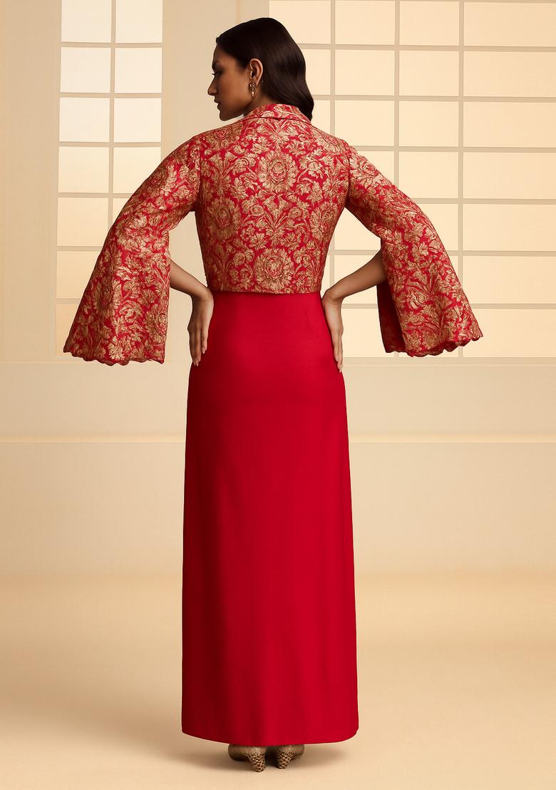 Red Jacquard Jacket Brocade Fusion Set - Indya