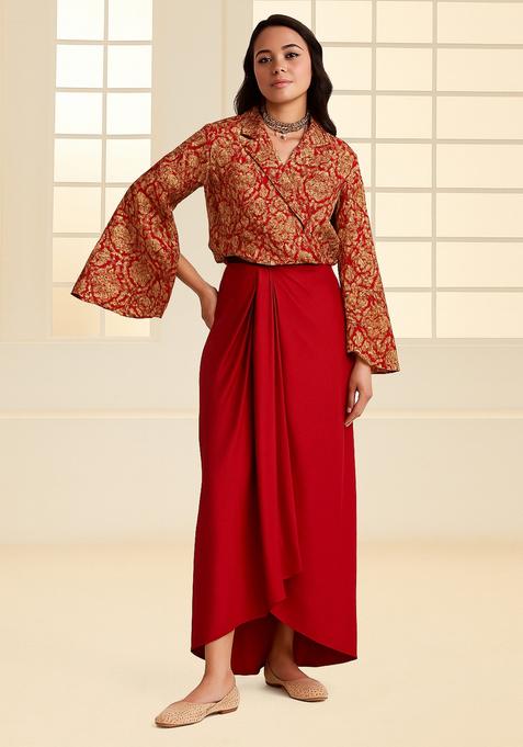 Red Jacquard Jacket Brocade Fusion Set