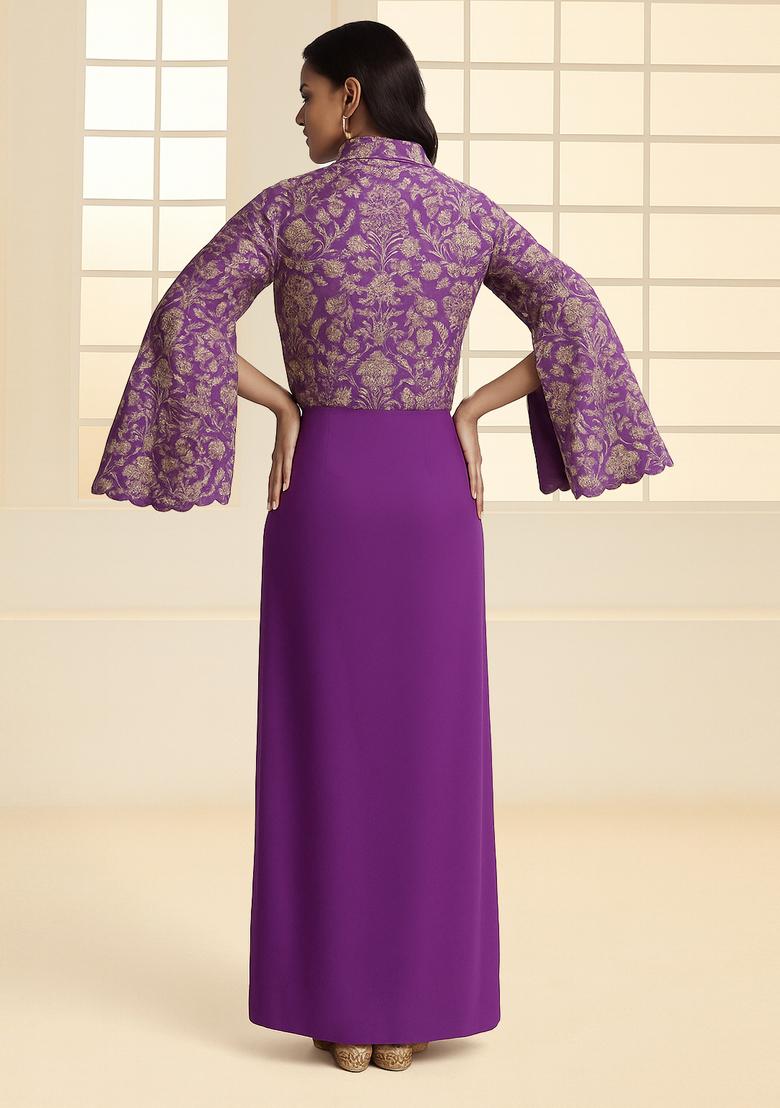 Lilac Jacquard Jacket Brocade Fusion Set - Indya