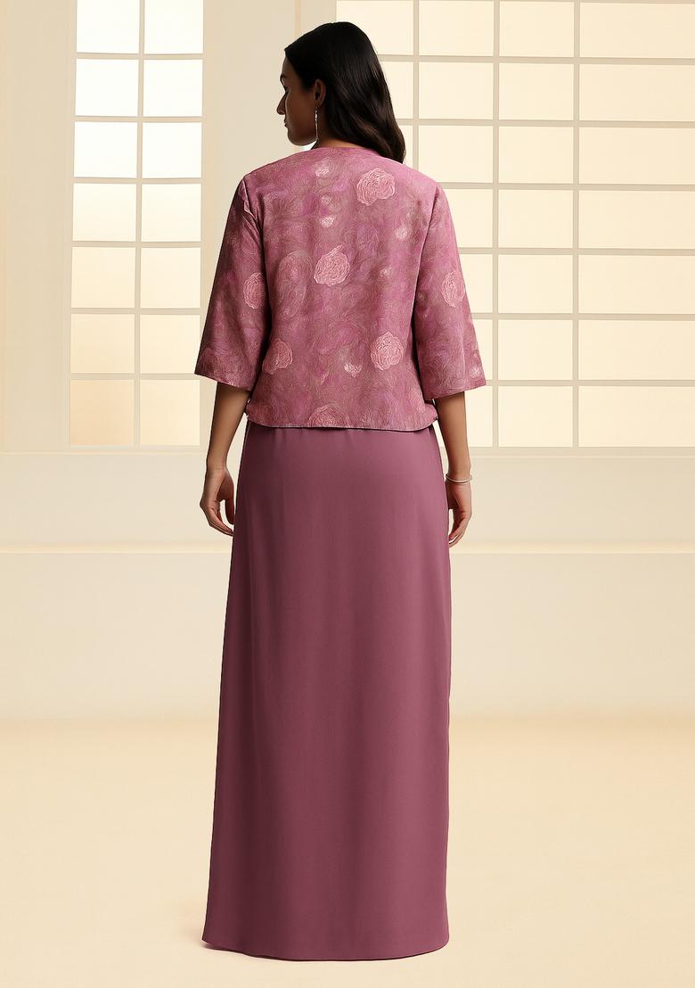 Mauve Thread Work Jacket Georgette Fusion Set - Indya