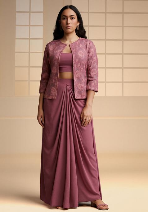 Mauve Thread Work Jacket Georgette Fusion Set