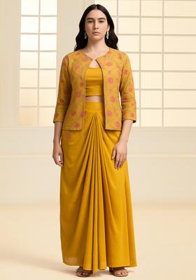 Yellow Thread Work Jacket Georgette Fusion Set