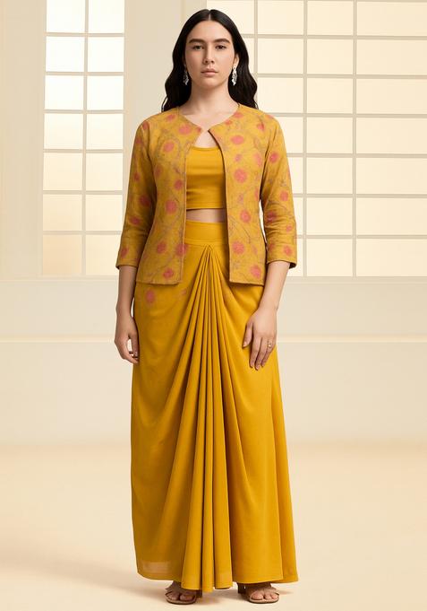 Yellow Thread Work Jacket Georgette Fusion Set