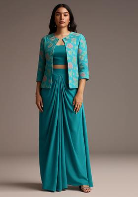 Turquoise Thread Work Jacket Georgette Fusion Set