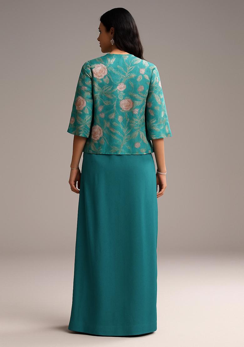 Turquoise Thread Work Jacket Georgette Fusion Set - Indya