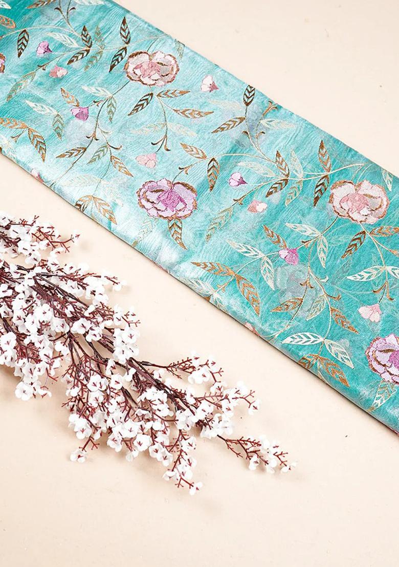 Turquoise Thread Work Jacket Georgette Fusion Set - Indya