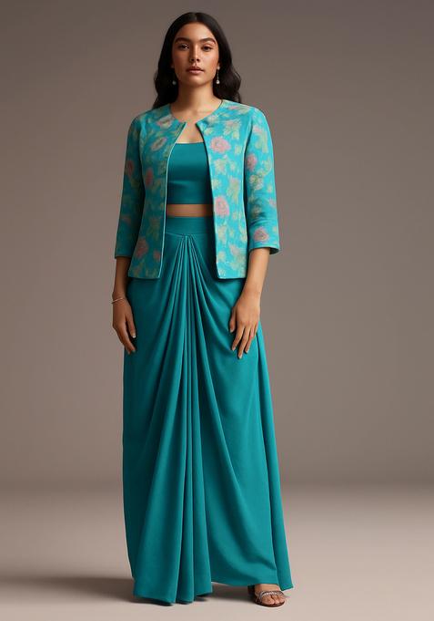 Turquoise Thread Work Jacket Georgette Fusion Set